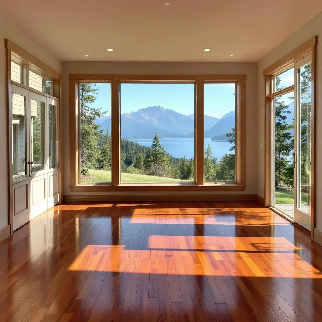 A room with hardwood floors and large windows overlooking a mountain landscape with a lake