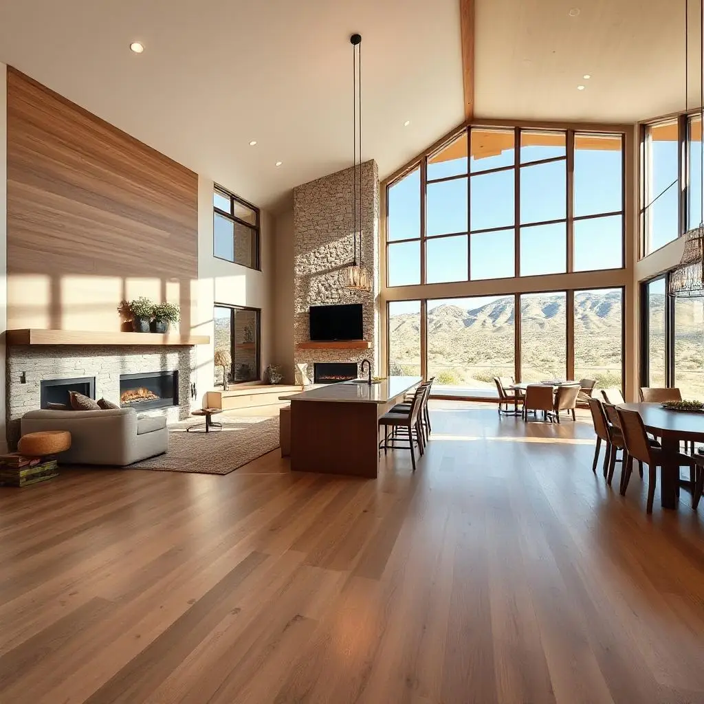 Great room with large windows, fireplace, and hardwood floors overlooking a mountain landscape.